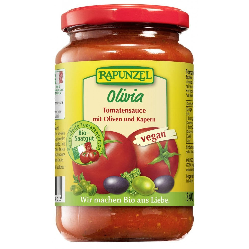 Sos de tomate bio Olivia Rapunzel 370g, cu măsline și capere, etichetă verde și roșie.