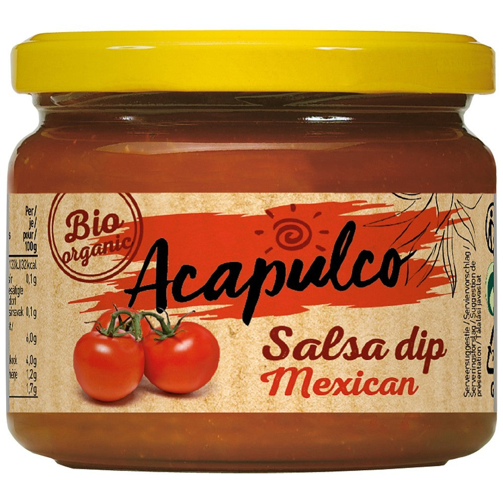 Borcan 260g Sos Tortilla Salsa Mexican Acapulco, design etichetă roșie, capac galben.