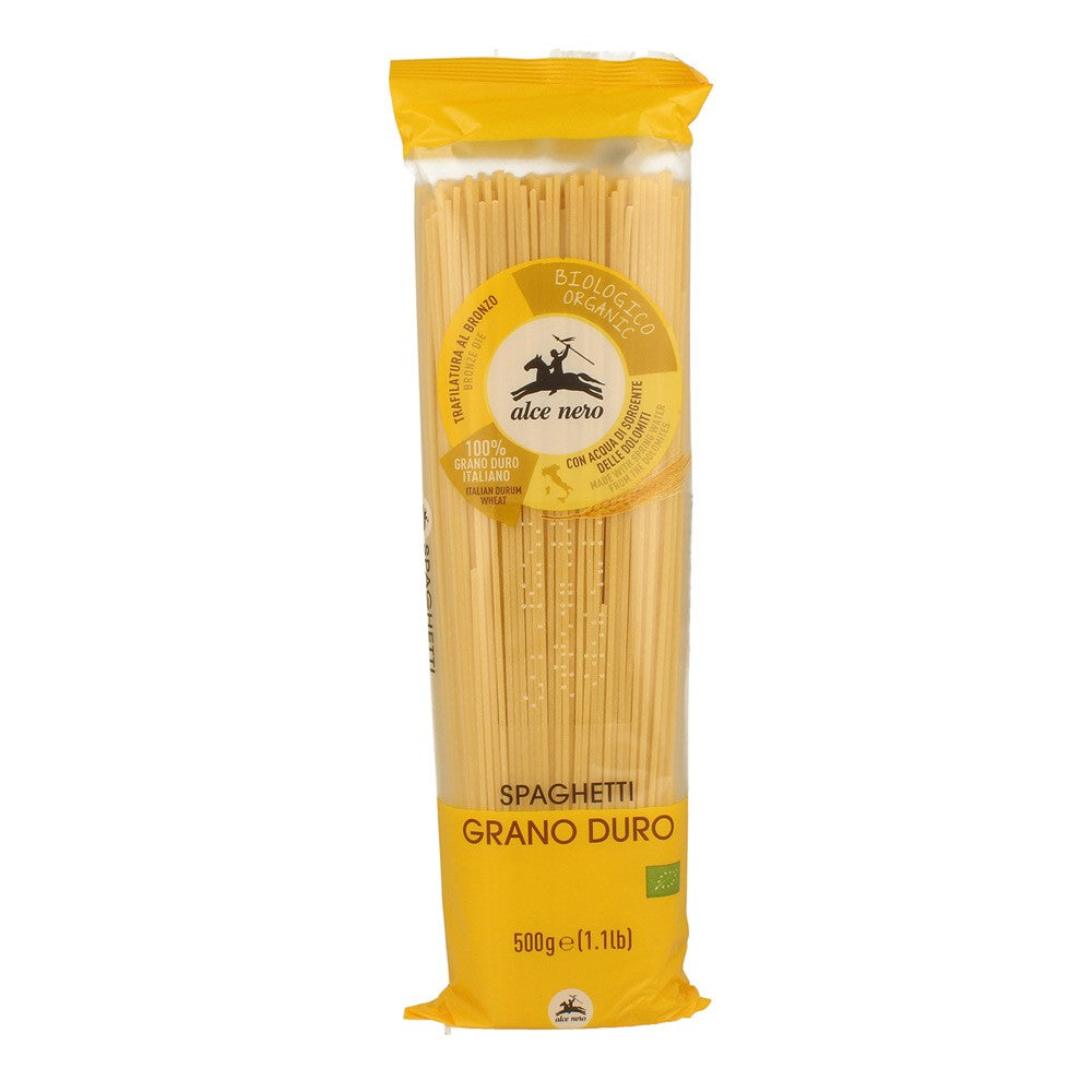 Spaghetti bio din grâu dur Alce Nero 500g, ambalaj galben.