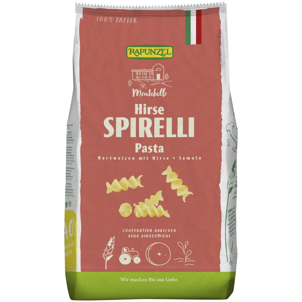 Spirelli semola cu mei bio Rapunzel 500g, pachet maro și verde, paste spiralate.
