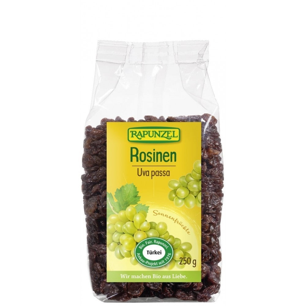 Stafide bio Rapunzel 250g ambalate, ecologice, etichetă galbenă.