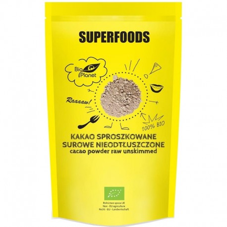 Superfoods Cacao Pudra Bio 150g Bio Planet, ambalaj galben, cacao crudă nedegresată ecologică.