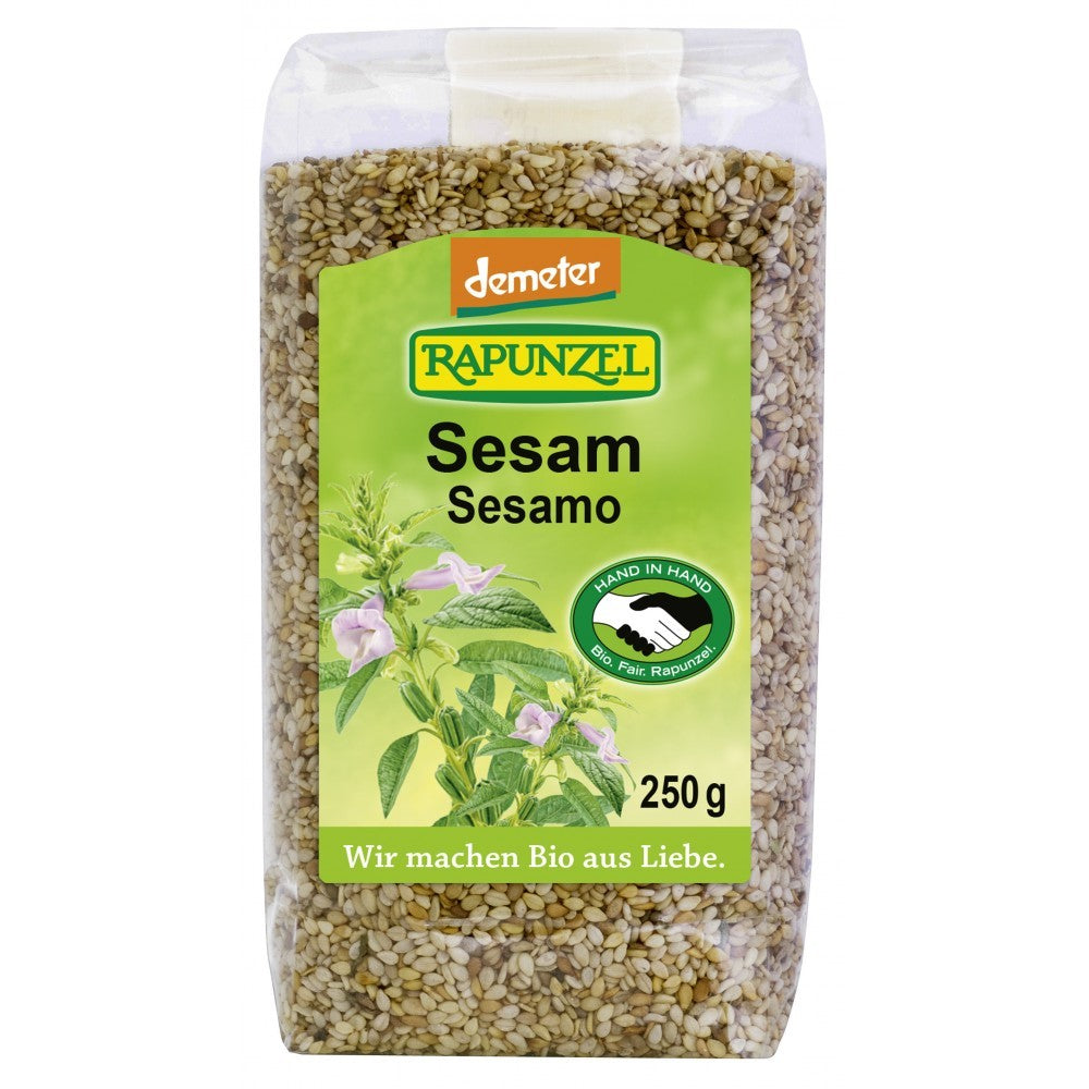 Susan în coajă bio Rapunzel 250g, ambalaj verde, semințe vizibile.
