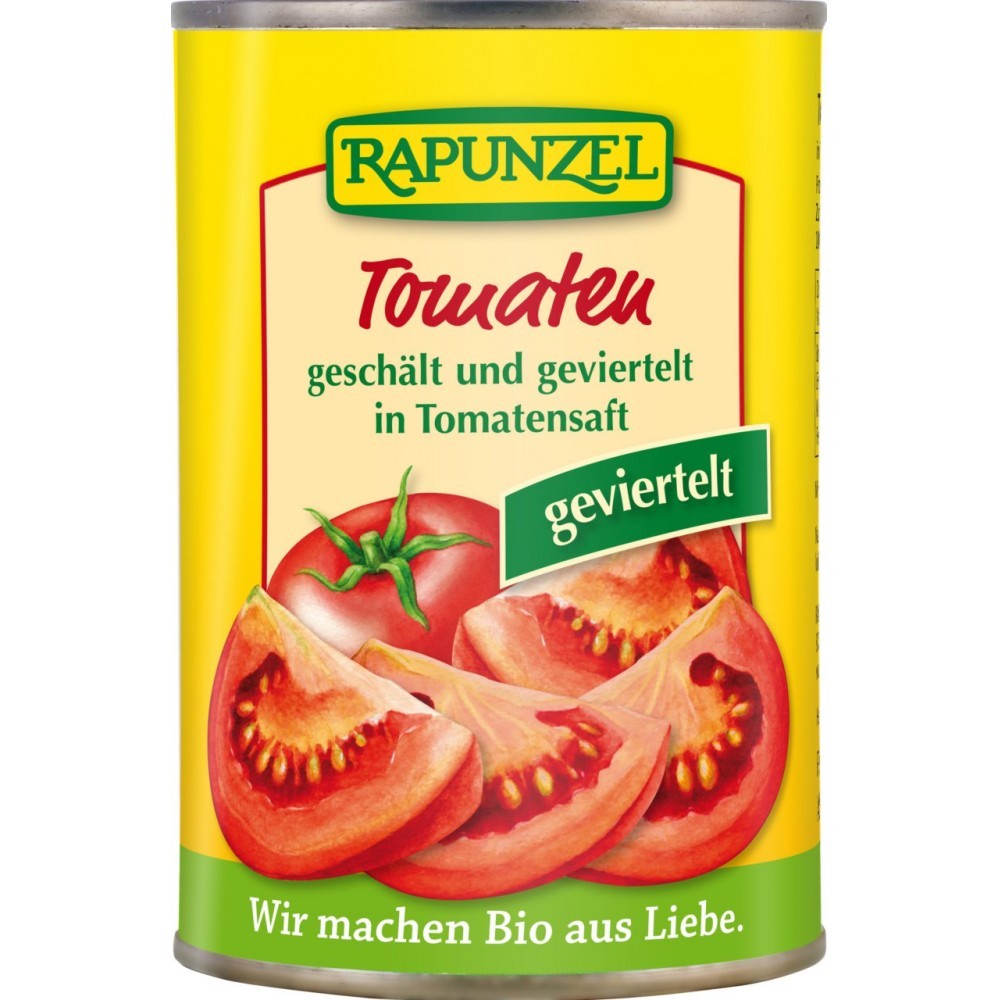 Conservă 400g Tomate cojite și tăiate, Rapunzel, etichetă galbenă, ilustrație roșii.