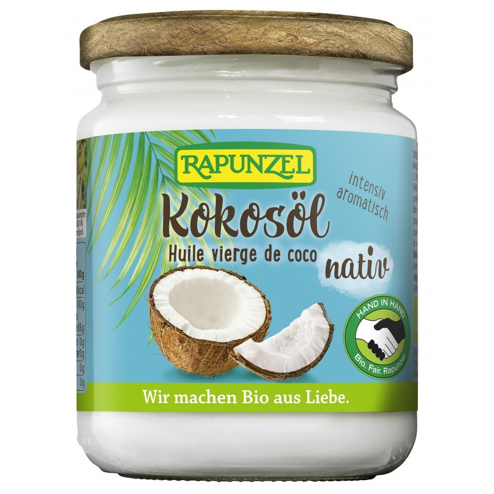 Ulei de cocos bio virgin Rapunzel 200g, borcan sticlă, etichetă albastră și verde.