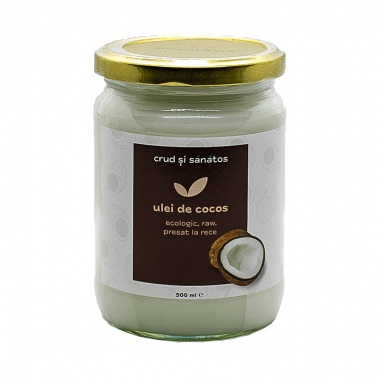 Borcan de ulei de cocos ecologic 500ml, etichetă maro, capac auriu, crud și sănătos.