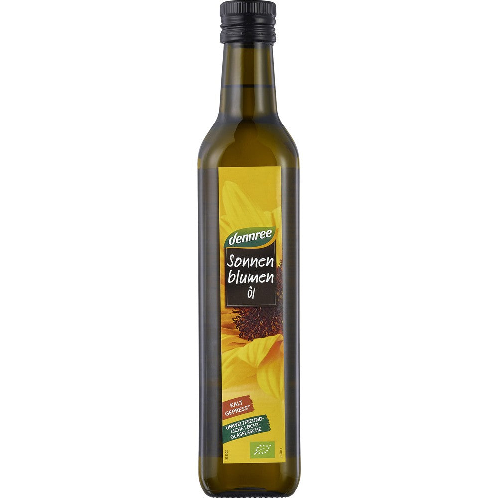 Ulei organic de floarea-soarelui Dennree presat la rece 500ml în sticlă de culoare verde închis.