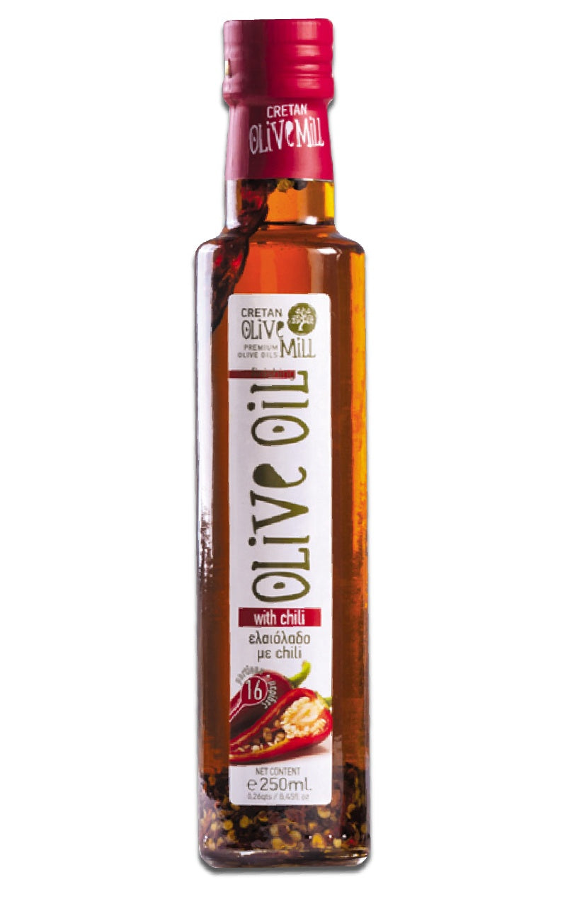 Ulei de măsline extravirgin cu ardei iute, sticlă 250ml, etichetă roșie.