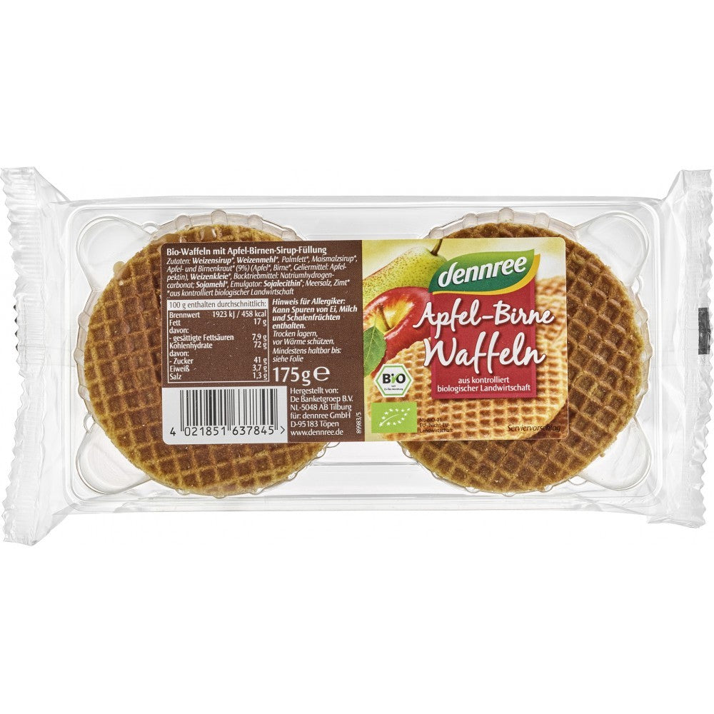 Vafe bio dennree maro aurii cu umplutură de mere și sirop de pere, ambalate.