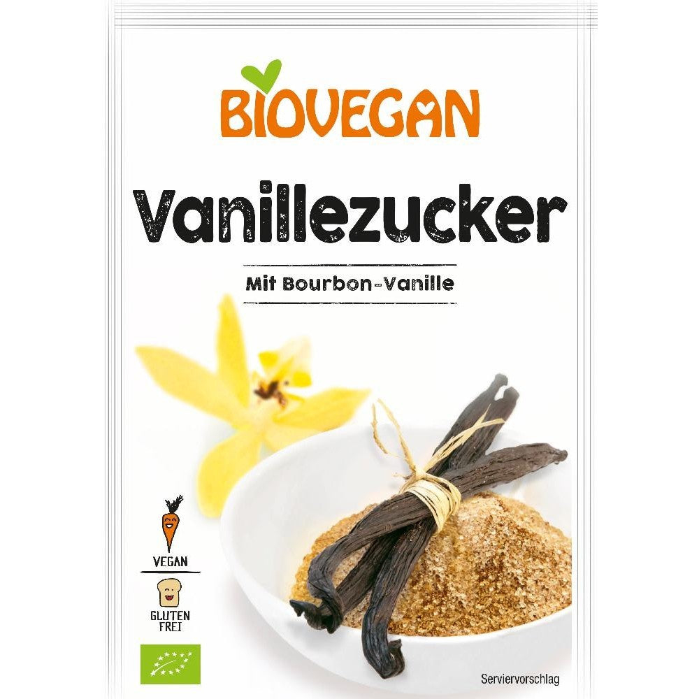 Zahar vanilie Bourbon integral Biovegan, plicuri 8g, ecologic, fără gluten, imagine plic și vanilie.