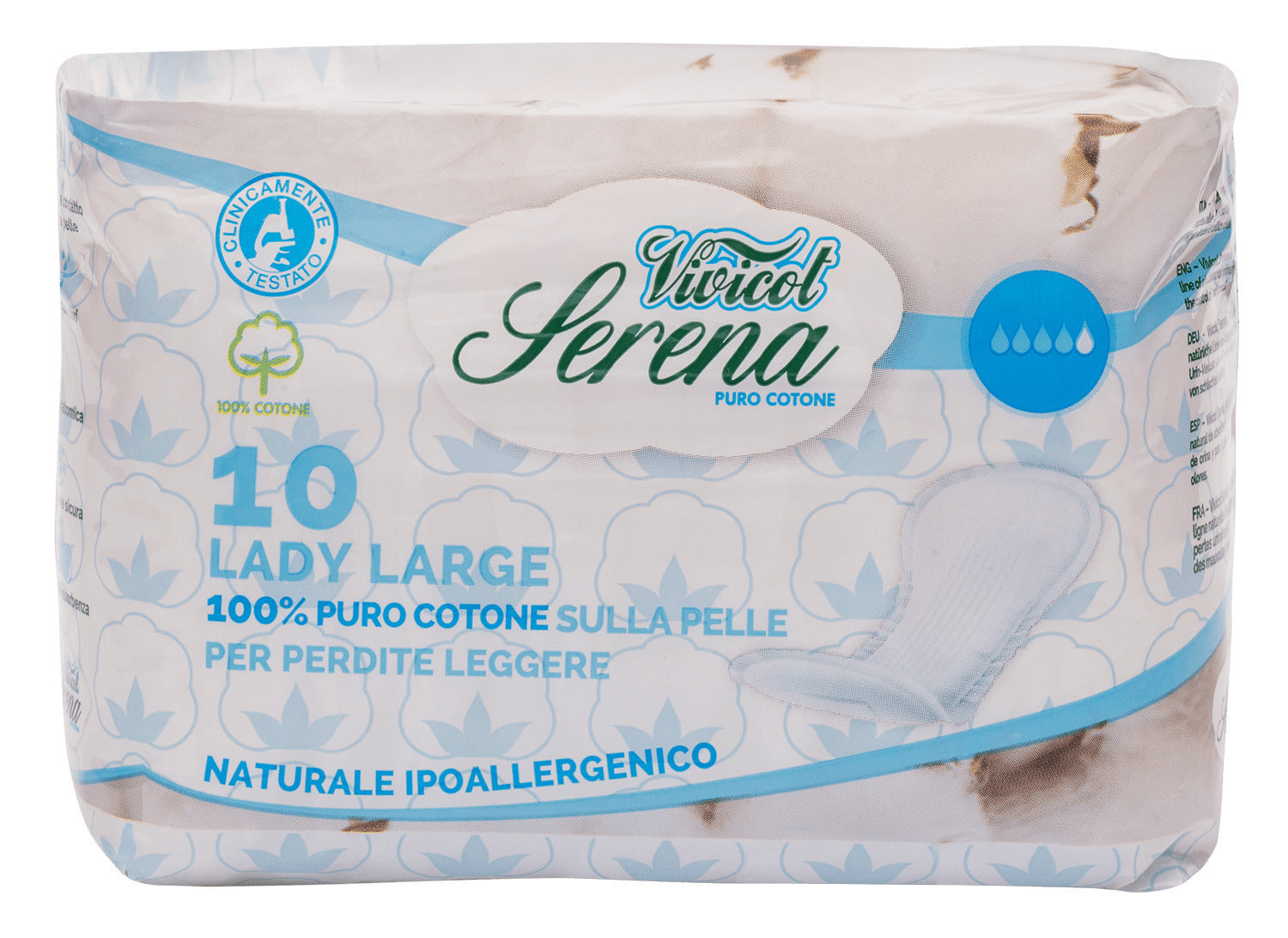 Absorbante Vivicot Serena Lady, bumbac natural, lungi, 10 bucăți, fără aripioare, hipoalergenice.