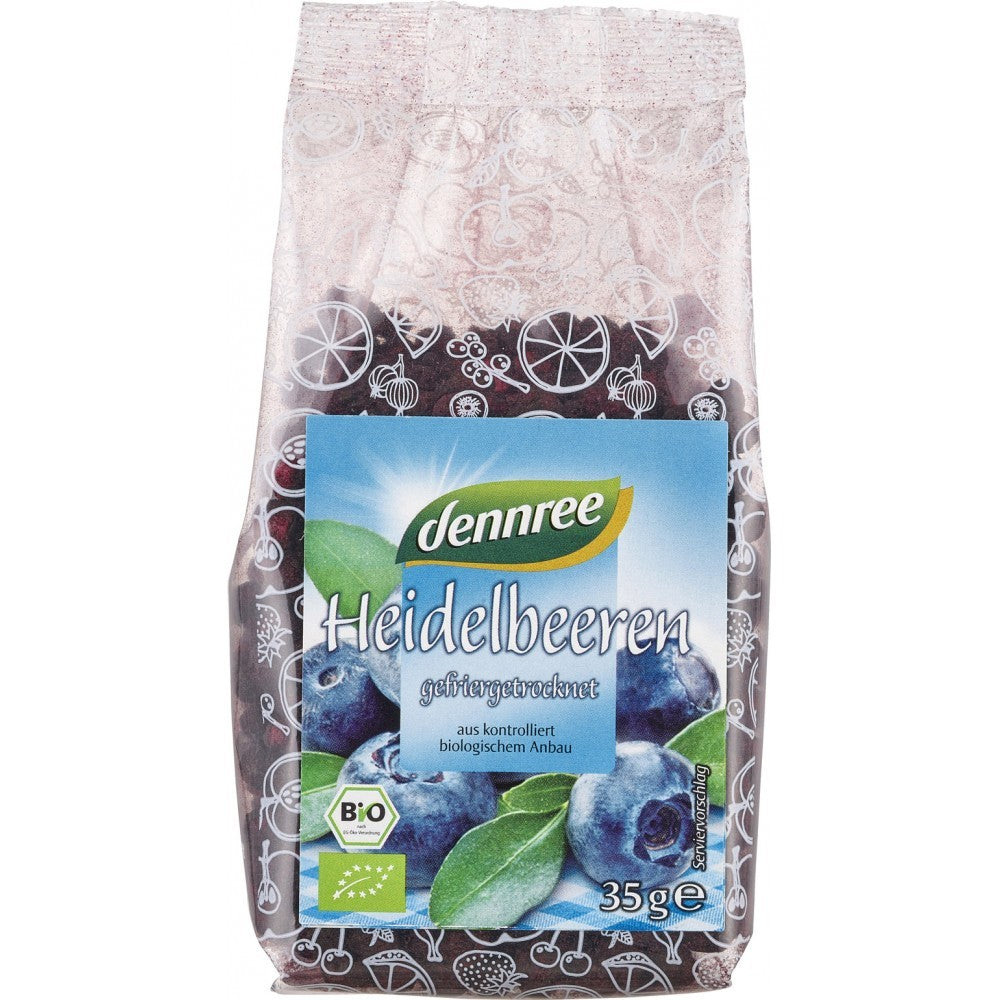 Afine uscate liofilizate Dennree în ambalaj de 35g, organic, cu etichetă colorată.