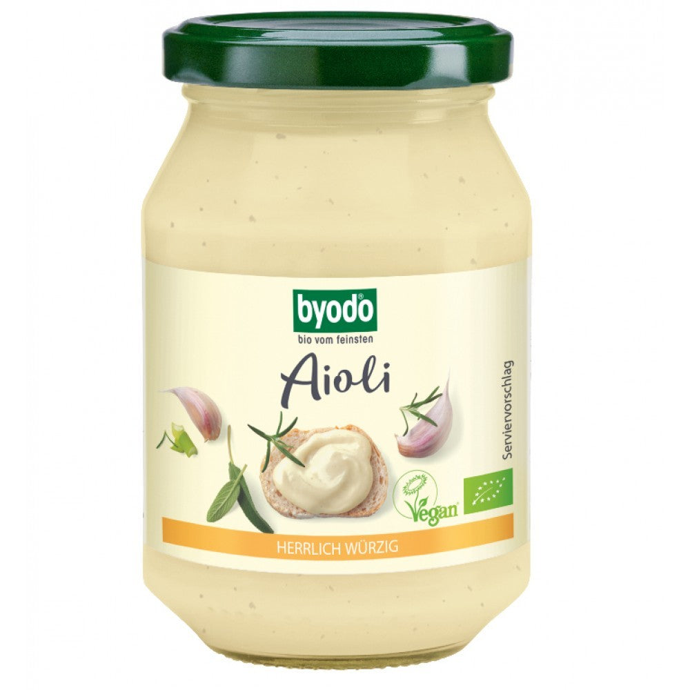 Aioli maioneză usturoi vegan bio Byodo 250ml borcan verde crem aromă intensă.