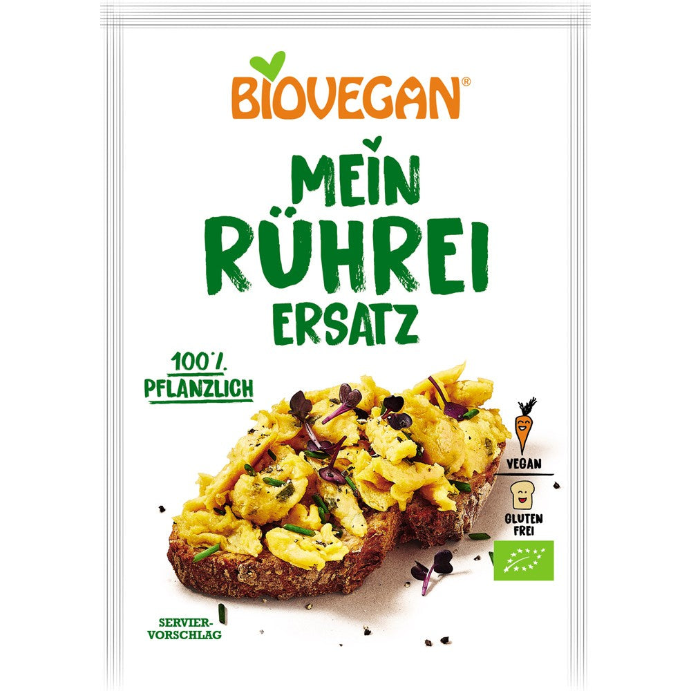 Alternativa bio la ouă bătute, Biovegan, bazată pe făină de năut, ambalaj verde și alb.