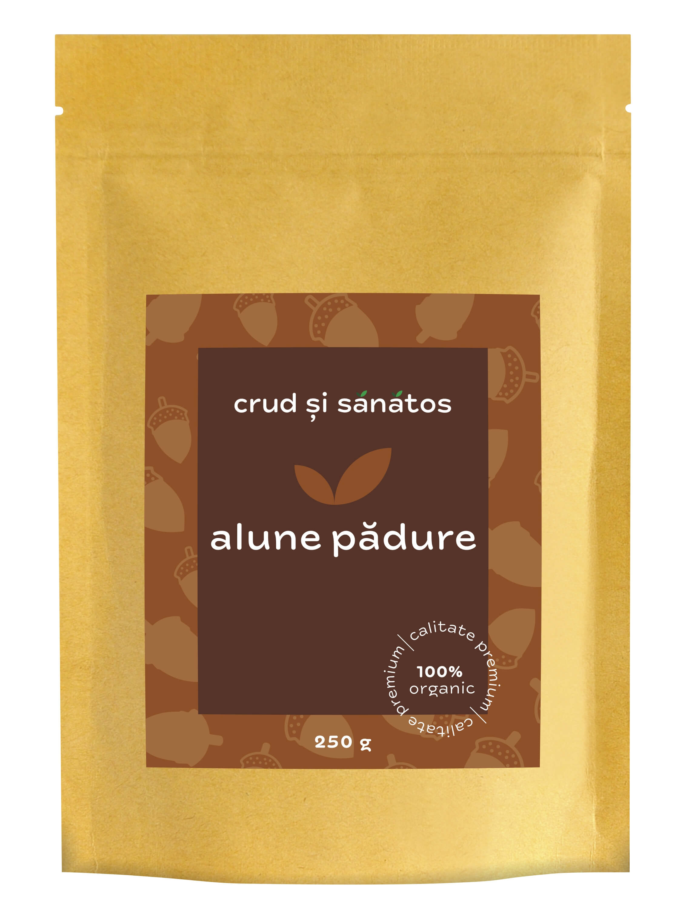 Pungă aurie cu alune de pădure bio, 250g, ambalaj cu etichetă maro.
