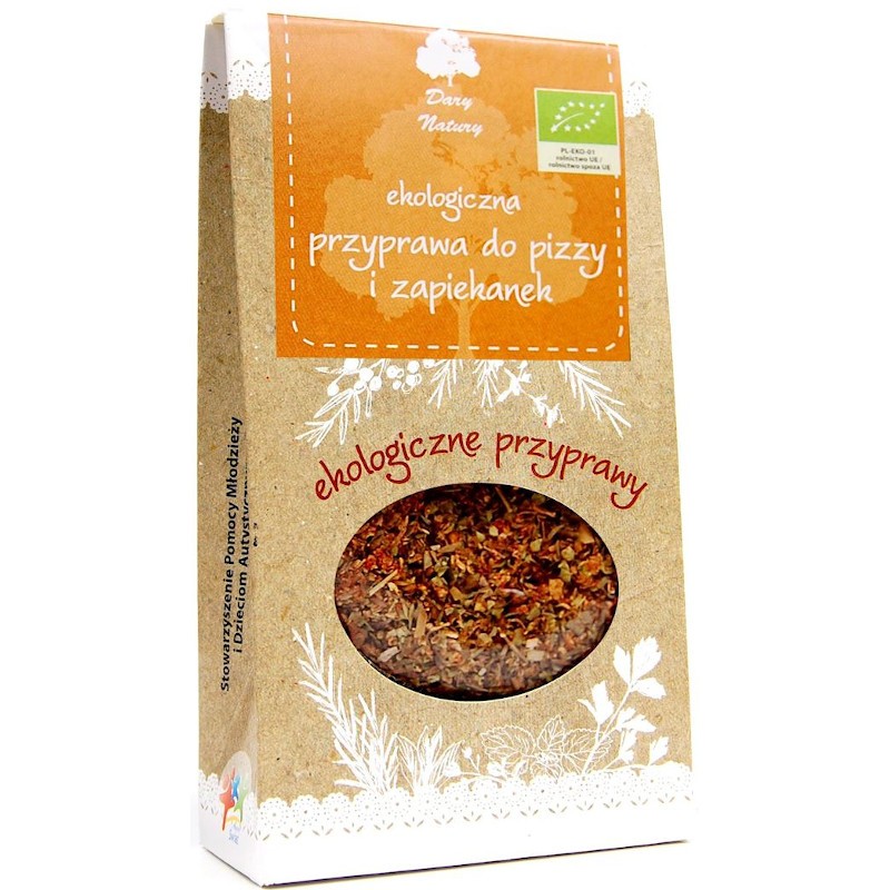 Amestec de Condimente pentru Pizza Bio 30g Dary Natury, ambalaj carton maro cu fereastră transparentă.