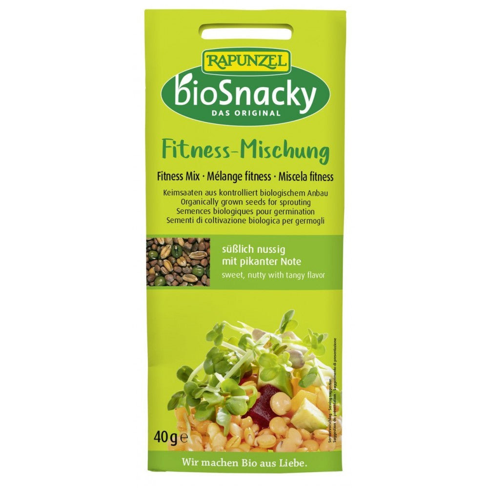 Amestec de semințe pentru germinat BioSnacky Rapunzel, 40g, pachet verde cu text și imagini explicative.