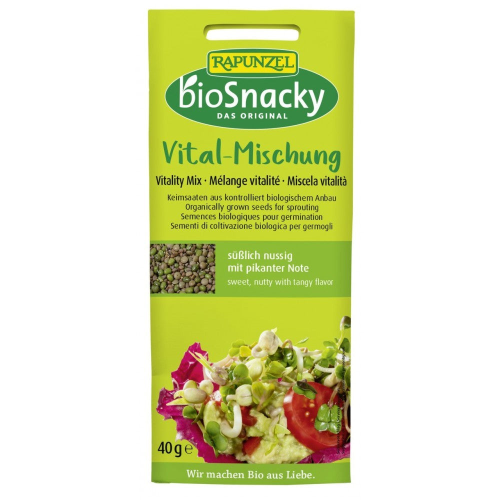 Pachet verde BioSnacky Rapunzel 40g, amestec bio semințe germinat, imagine cu salată și semințe.