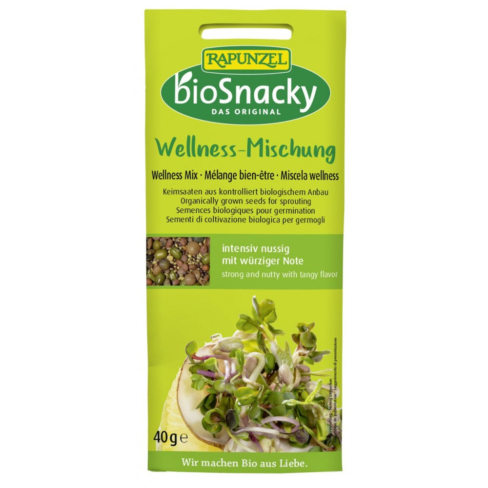 Amestec Wellness de semințe BioSnacky Rapunzel, 40g, ambalaj verde vibrant.