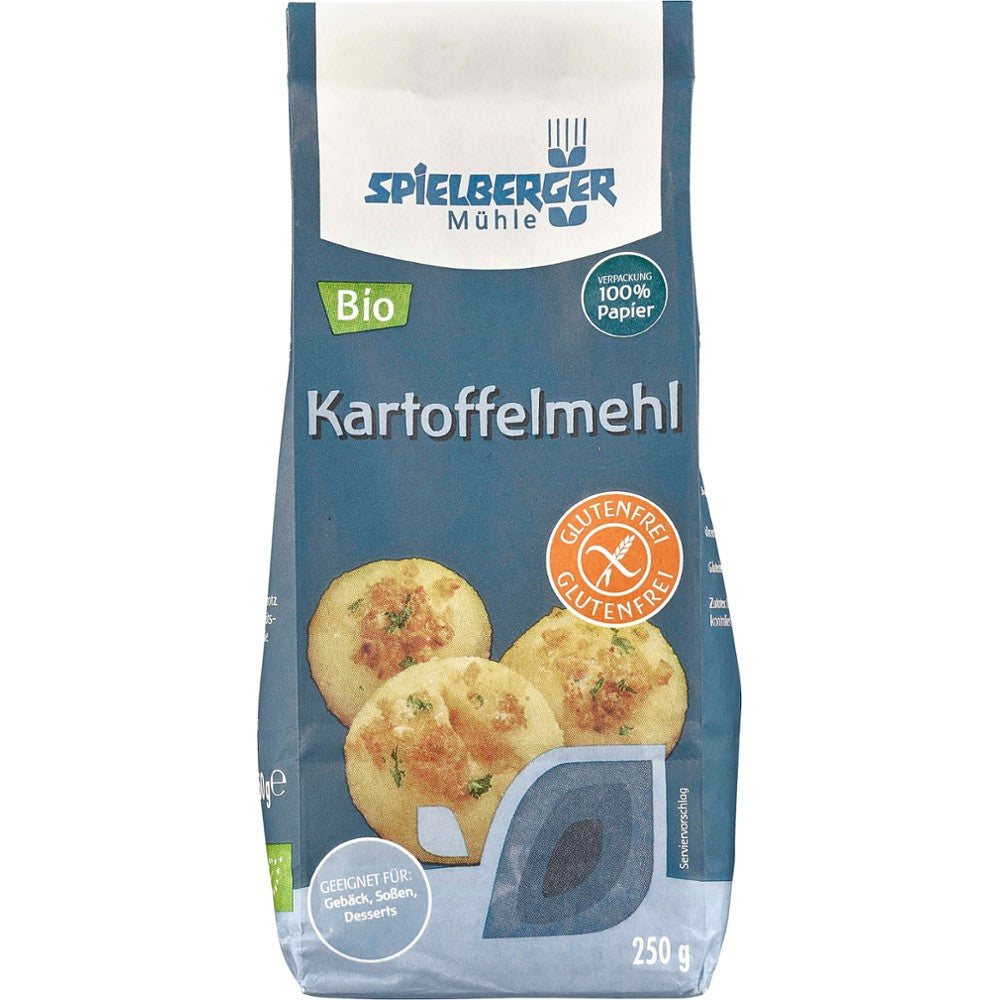 Amidon de cartof bio fără gluten Spielberger 250g, pachet albastru-verzui cu etichete.