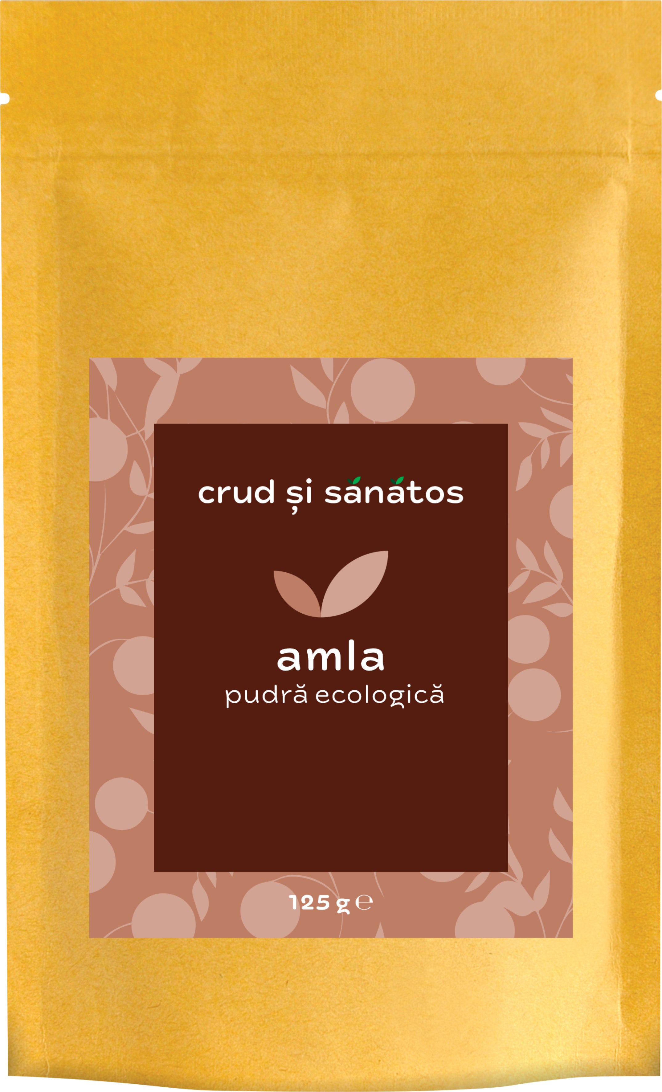 Pudră amla organică 125g, pachet auriu cu etichetă maro, design natural.