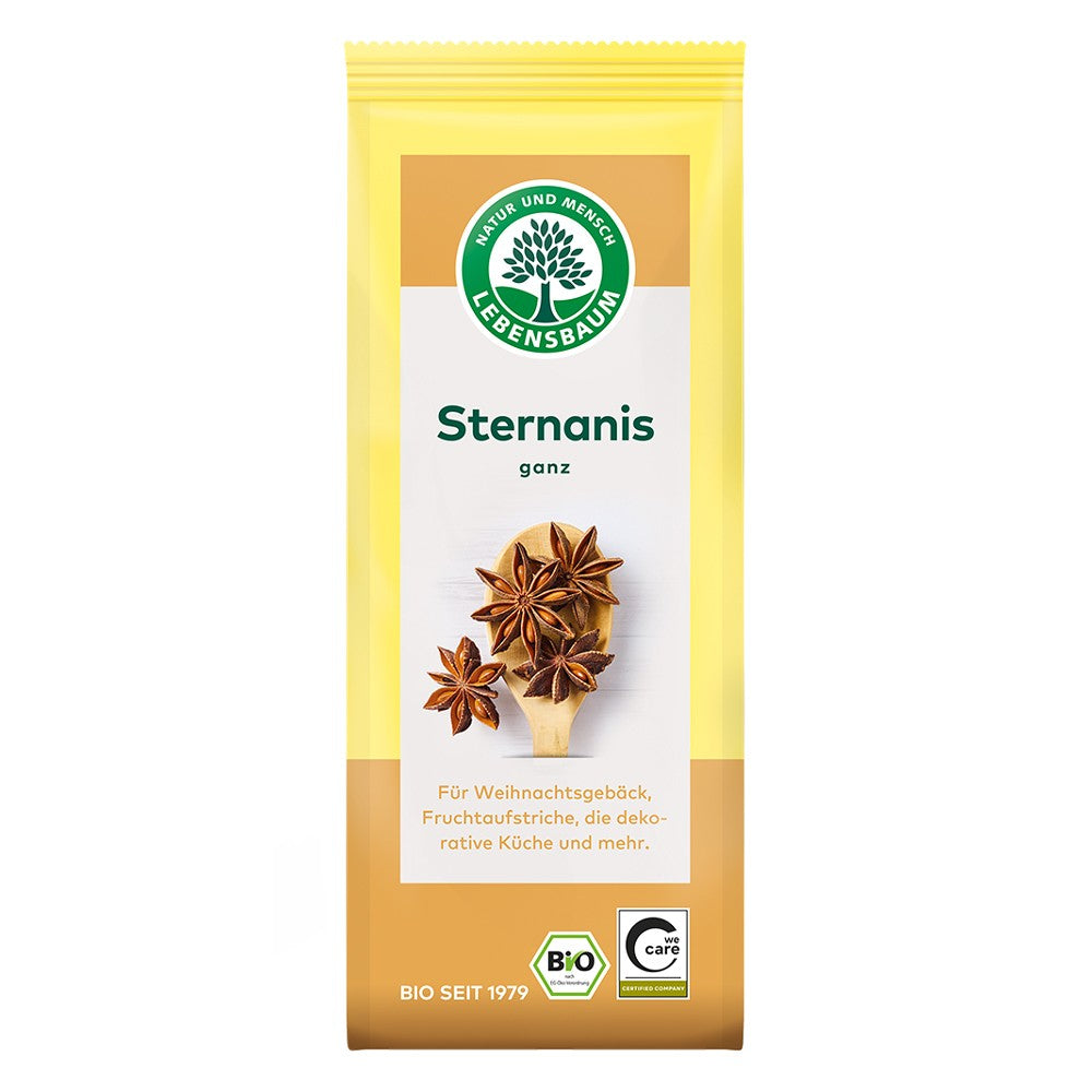 Anason stelat întreg bio Lebensbaum, ambalaj galben, logo verde.