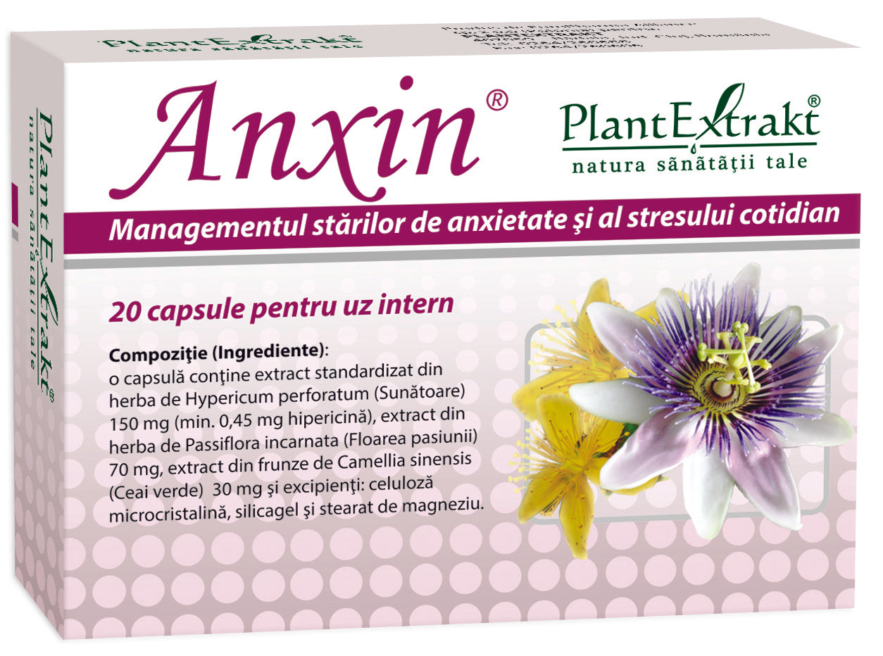 Cutie Anxin 20 capsule Plantextrakt, culori alb și mov, extracte vegetale, text clar.