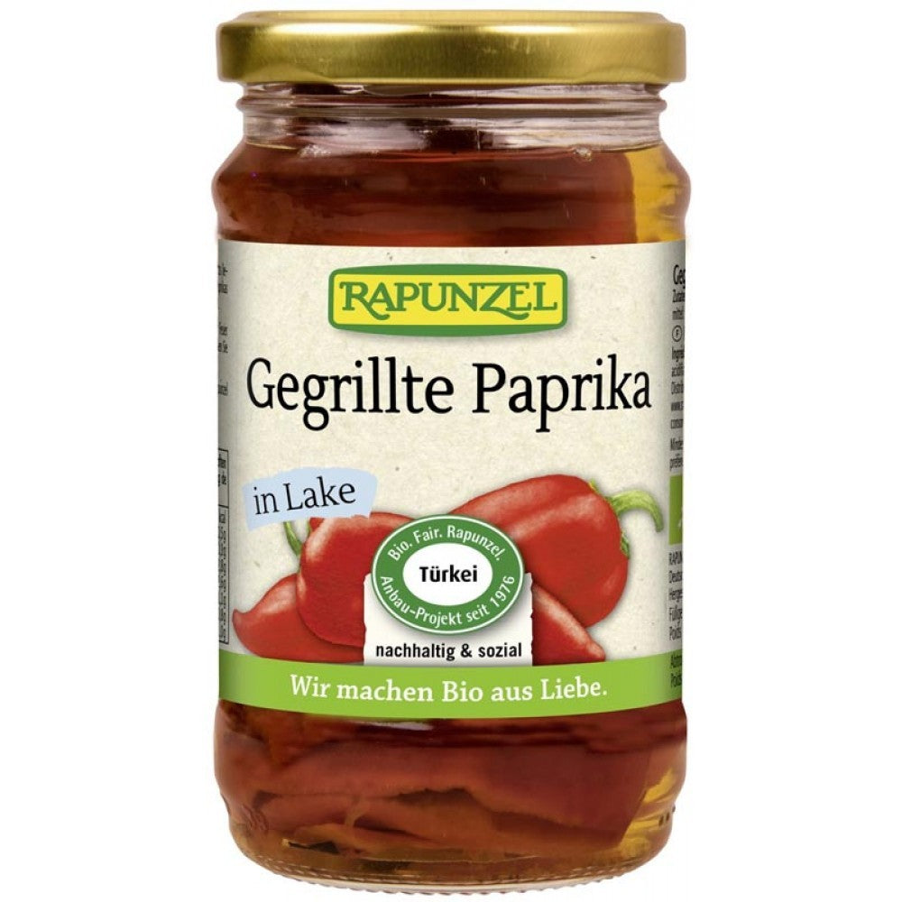 Ardei roșu copt bio în saramură Rapunzel 310g, borcan sticlă, capac auriu.