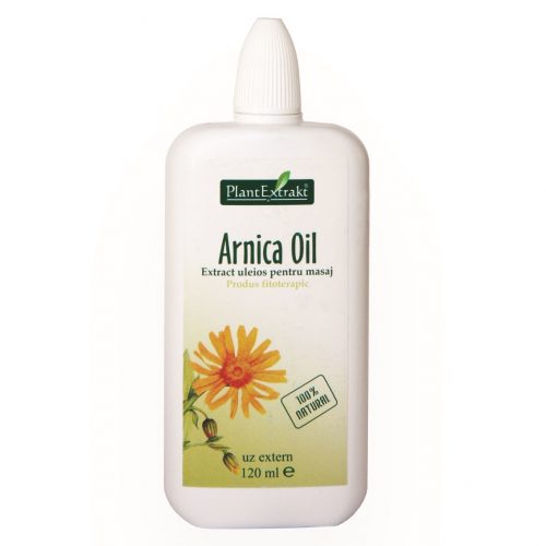Ulei Arnica Plantextrakt 120 ml, flacon alb inscripționat verde, extract ulei masaj.