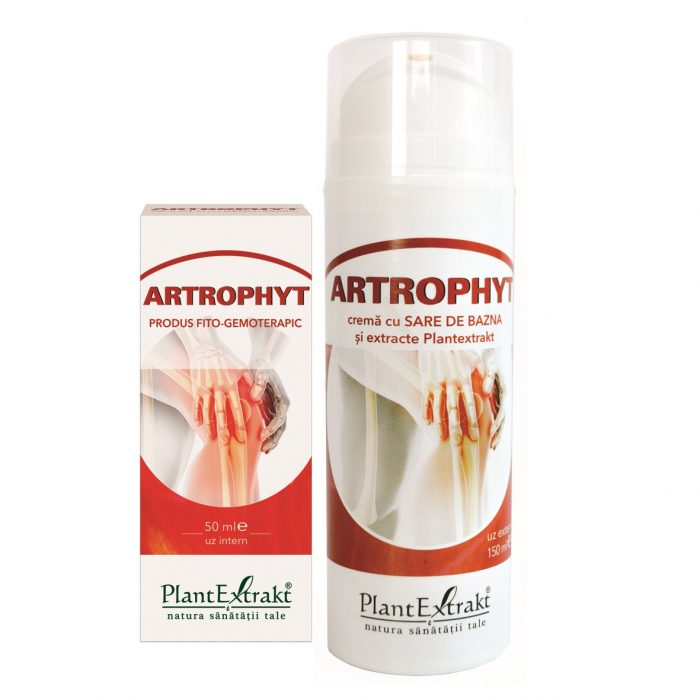 Artrophyt cremă 150 ml cu sare de Bazna și extracte vegetale, ambalaj alb cu roșu.