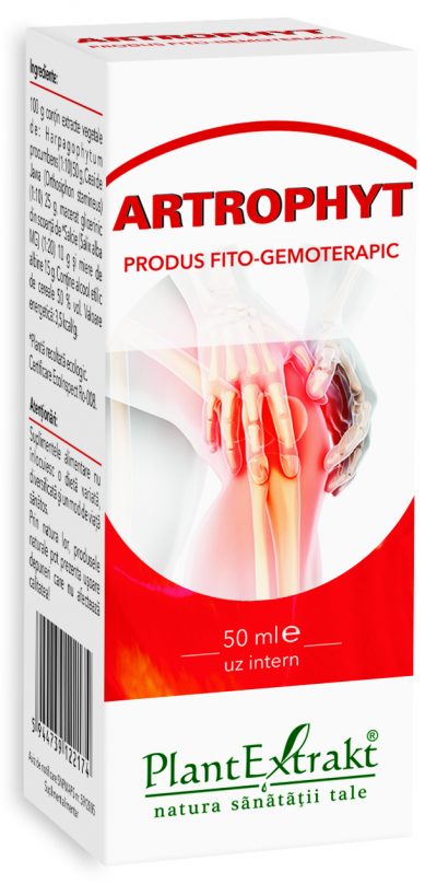 Artrophyt soluție 50 ml, cutie alb-roșu, produs Plantextrakt pentru dureri articulare și musculare.