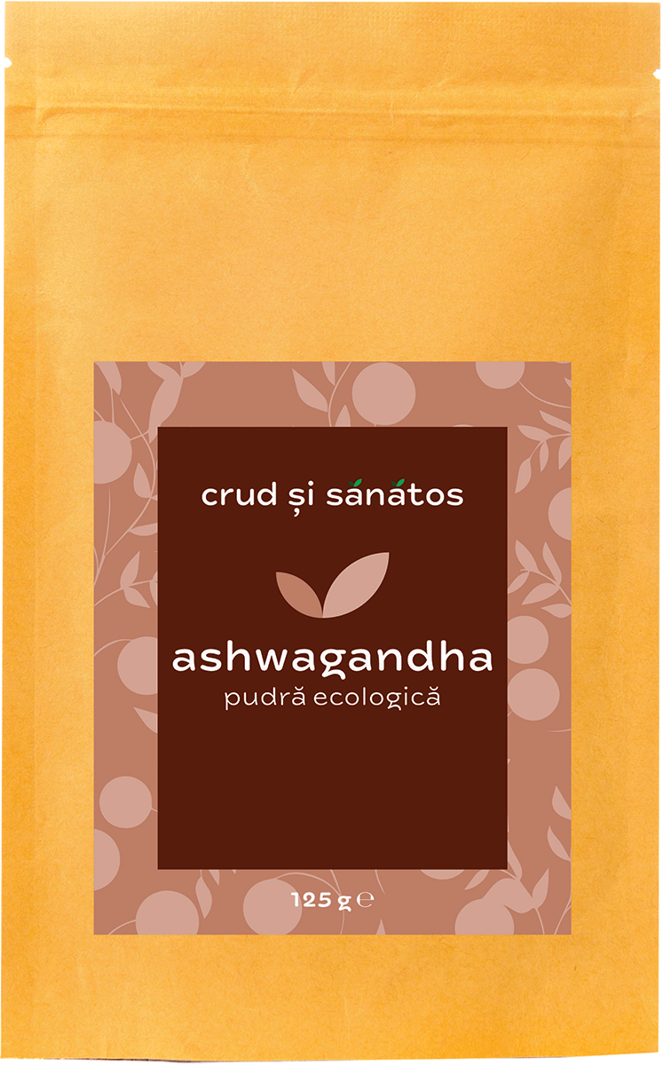 Pachet Ashwagandha pudră bio 125g, maro, decor frunze, etichetă "crud și sănătos