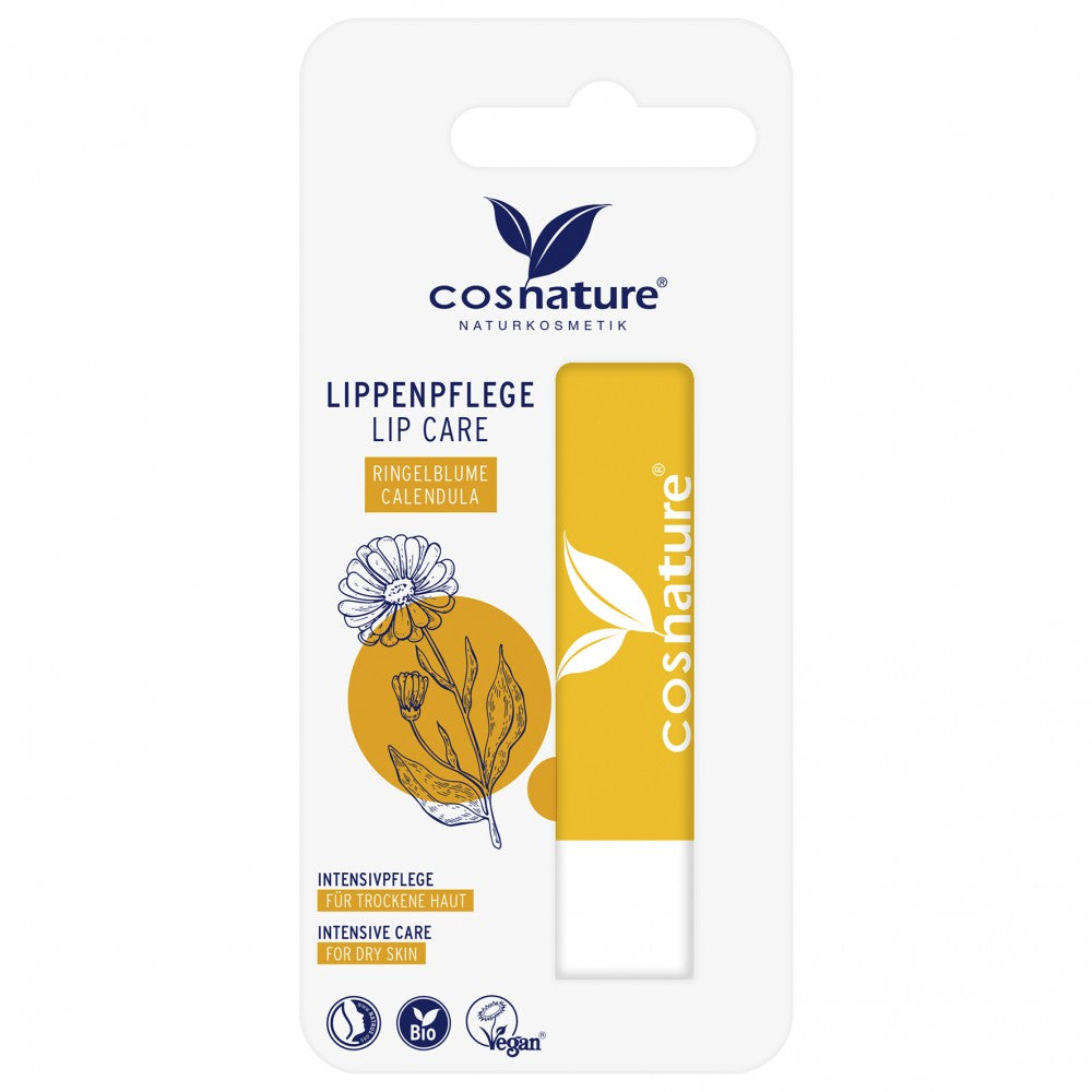 Balsam de buze Cosnature cu gălbenele bio, ambalaj galben 4.8g, vegan, hidratare intensivă.