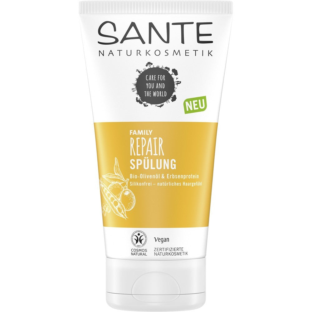Balsam reparator SANTE FAMILY, ulei măsline bio, proteine mazăre, ambalaj alb-galben, vegan.