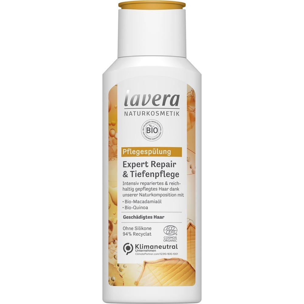 Balsam Lavera pentru reparare păr deteriorat, 200ml, cu ulei macadamia bio și quinoa organică.