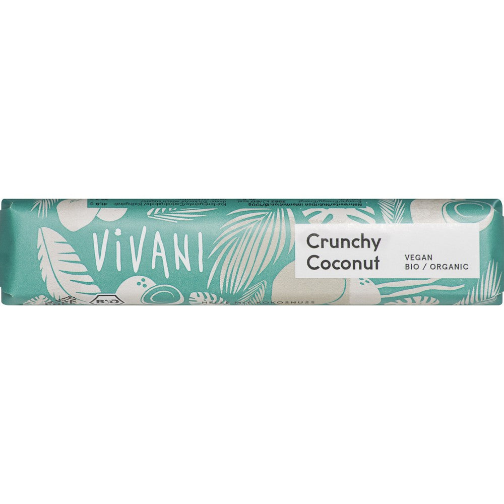 Baton de ciocolată Vivani cu cocos crocant, ambalaj verde cu motive albe, bio vegan.