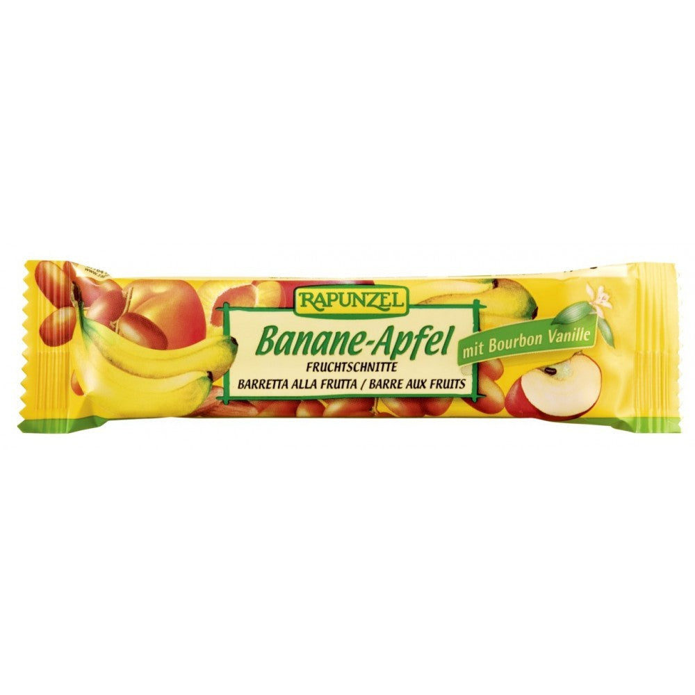 Baton cu fructe bio Rapunzel, ambalaj galben-verde, imagine banane și mere.