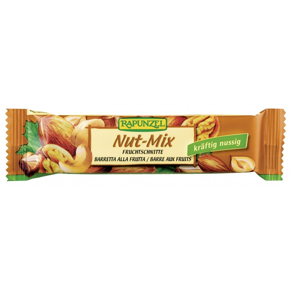 Baton Rapunzel Nut-Mix 40g, ambalaj maro, fructe, nuci și alune.