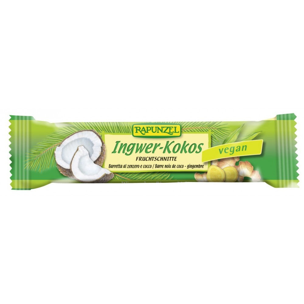 Baton vegan bio Rapunzel cu ghimbir și cocos, ambalaj verde cu imagini de ghimbir și nucă de cocos.