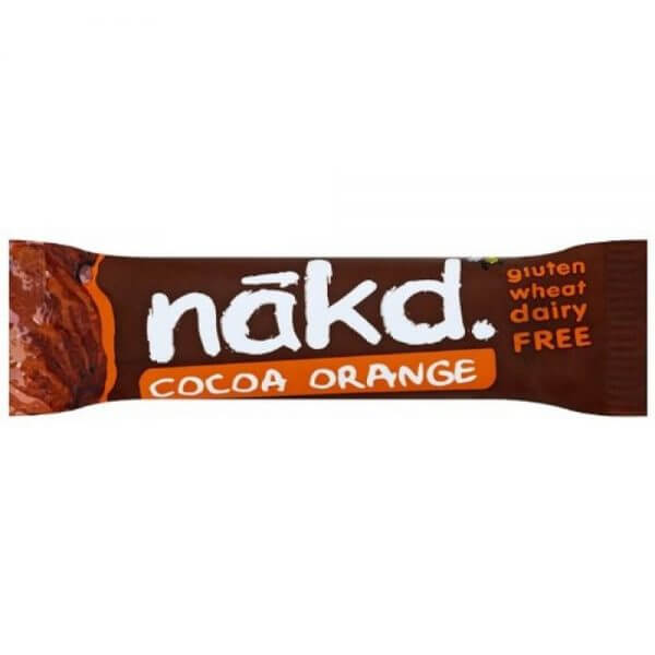 Baton crud Nakd Cocoa Orange 35g fără gluten, în ambalaj maro cu portocaliu.