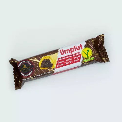 Baton ambrozia umplut cu magiun de prune, 60g, ambalaj maro cu etichetă roșie.