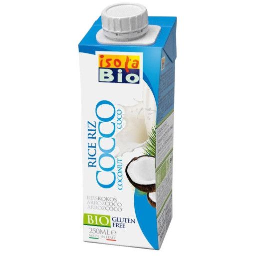 Băutură bio din orez și cocos, fără gluten, 250ml, ambalaj albastru.