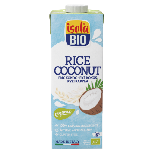 Băutură bio din orez și nucă de cocos, 1L, ambalaj albastru, Isola Bio, fără gluten.