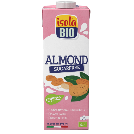 Băutură bio din migdale neîndulcită Isola Bio, carton roz, 1L, fără gluten.