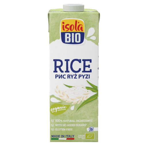 Băutură din orez organic Isola Bio, 1L, pe fundal verde, fără gluten.