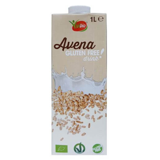 Carton băutură ovăz fără gluten eco Vivibio 1L, fundal bej, logo verde și roșu, simboluri ecologice.