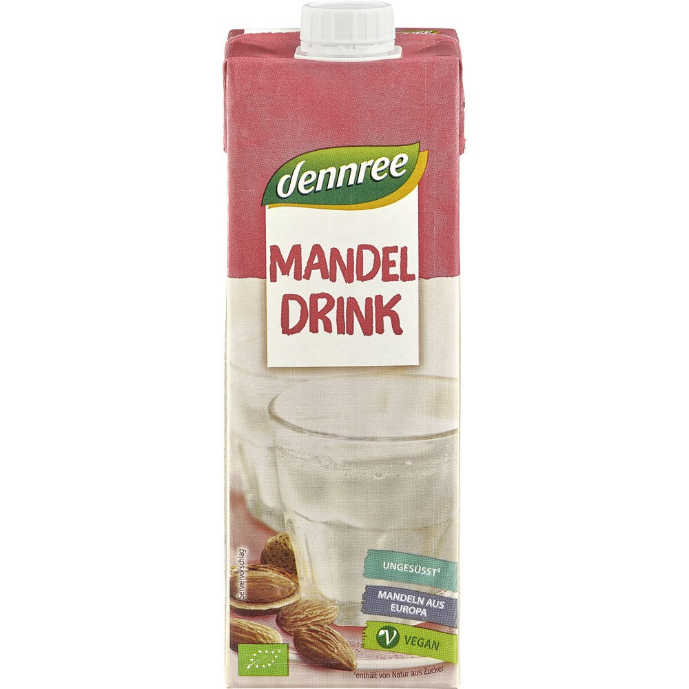 Băutură migdale bio Dennree 1L fără lactoză, ambalaj roșu și alb, logo vegan.