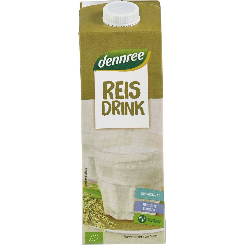 Bautura de orez bio Dennree, 1L, ambalaj verde si alb, fara lactoza.