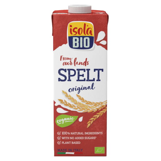 Băutură vegetală spelta bio Isola Bio 1l, carton roșu, logo Isola Bio, ingrediente naturale.