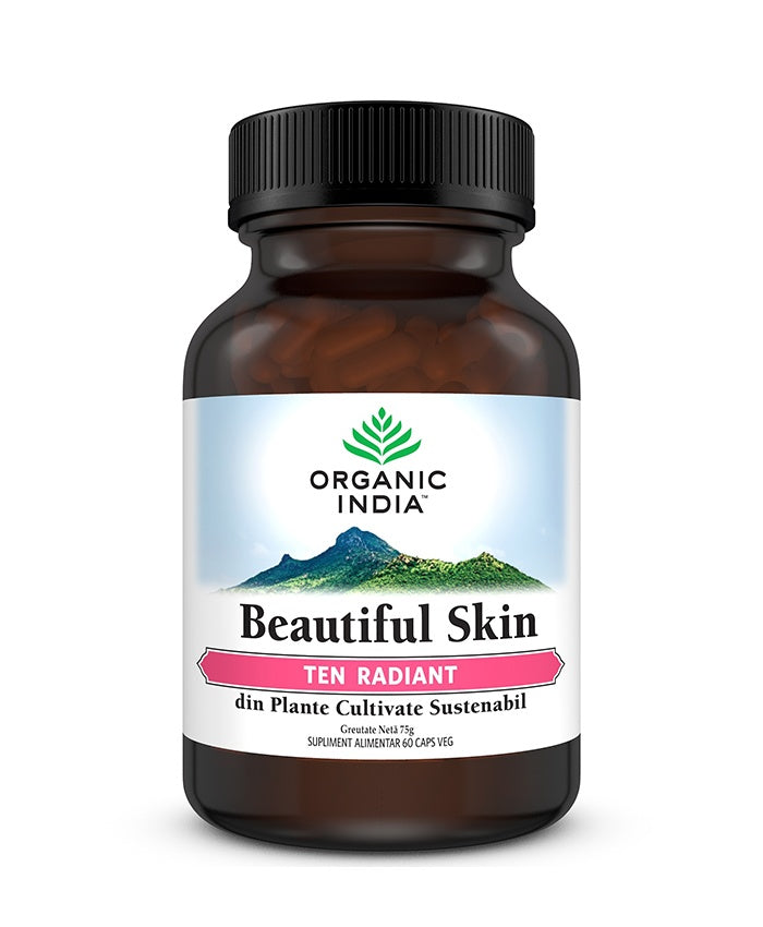 Supliment Beautiful Skin 60 capsule, Organic India, flacon plastic negru etichetat colorat.